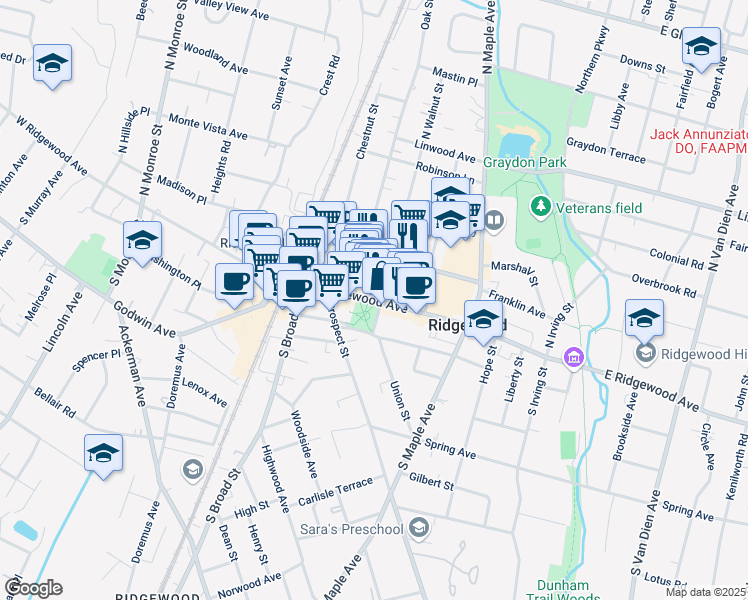 map of restaurants, bars, coffee shops, grocery stores, and more near 127 East Ridgewood Avenue in Ridgewood