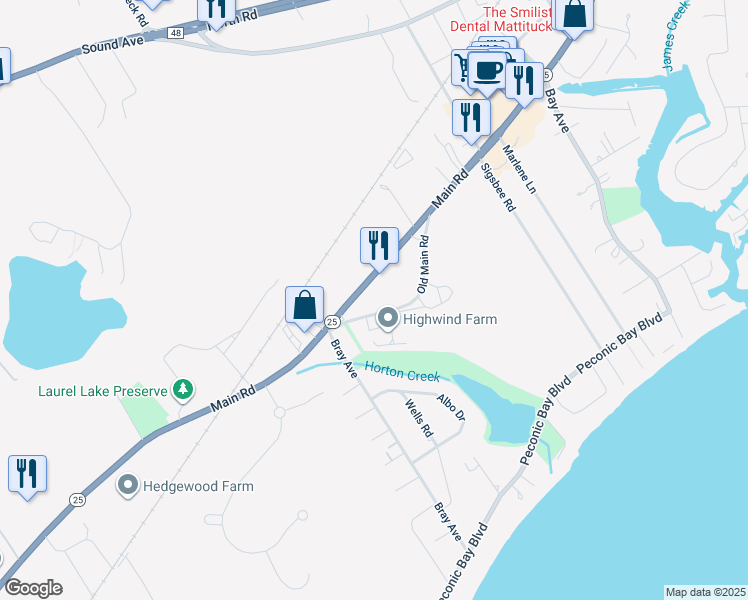 map of restaurants, bars, coffee shops, grocery stores, and more near 565 Old Main Road in Mattituck