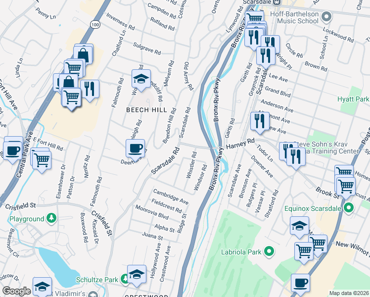map of restaurants, bars, coffee shops, grocery stores, and more near 5 Strathmore Road in Scarsdale