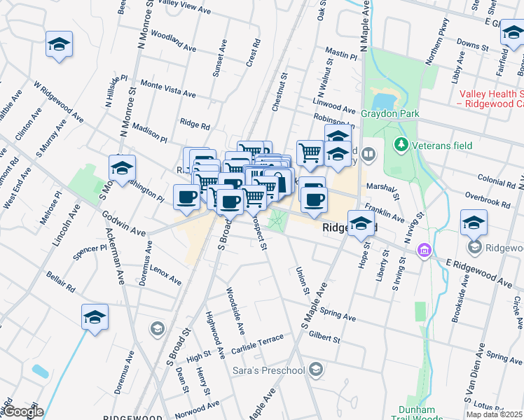 map of restaurants, bars, coffee shops, grocery stores, and more near 16 Oak Street in Ridgewood