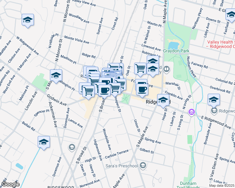 map of restaurants, bars, coffee shops, grocery stores, and more near 70 East Ridgewood Avenue in Ridgewood