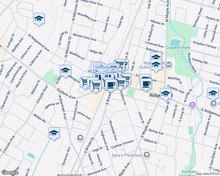 map of restaurants, bars, coffee shops, grocery stores, and more near 18 South Broad Street in Ridgewood