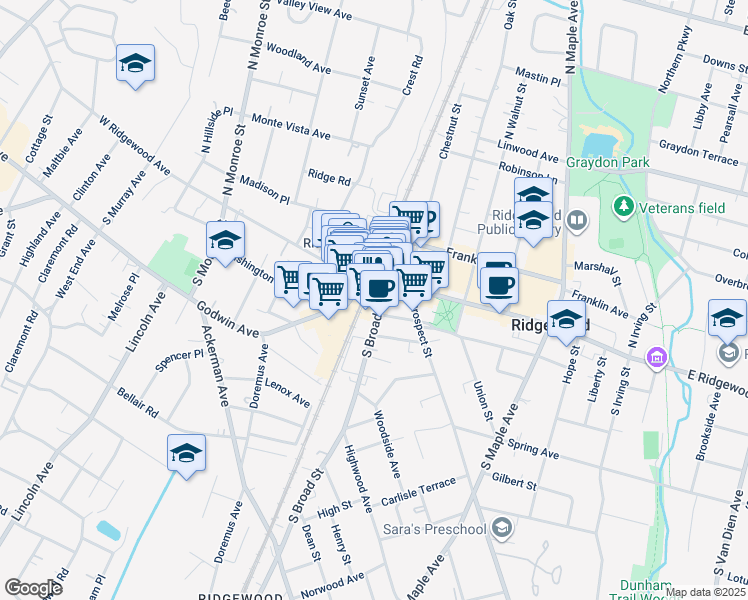 map of restaurants, bars, coffee shops, grocery stores, and more near 18 South Broad Street in Ridgewood