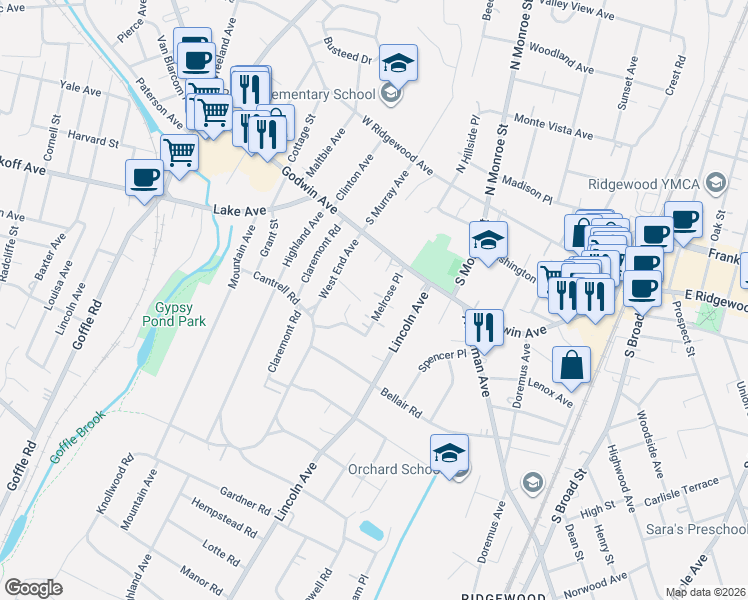 map of restaurants, bars, coffee shops, grocery stores, and more near 120 Melrose Place in Ridgewood