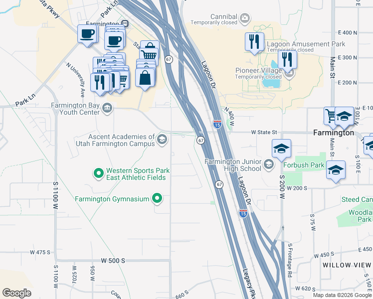 map of restaurants, bars, coffee shops, grocery stores, and more near 68 South Horizon Drive in Farmington