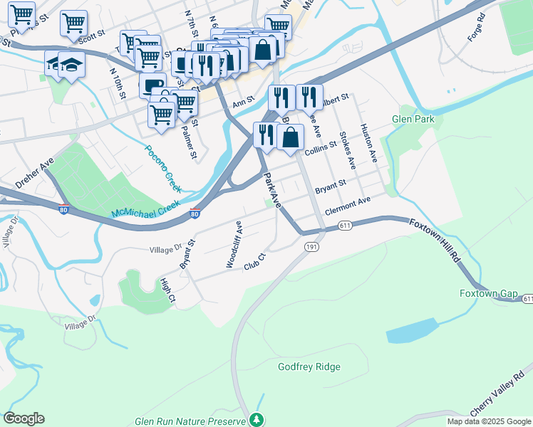 map of restaurants, bars, coffee shops, grocery stores, and more near 721 Bryant Street in Stroudsburg