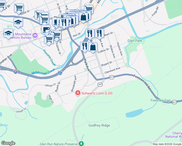 map of restaurants, bars, coffee shops, grocery stores, and more near 307 Park Avenue in Stroudsburg