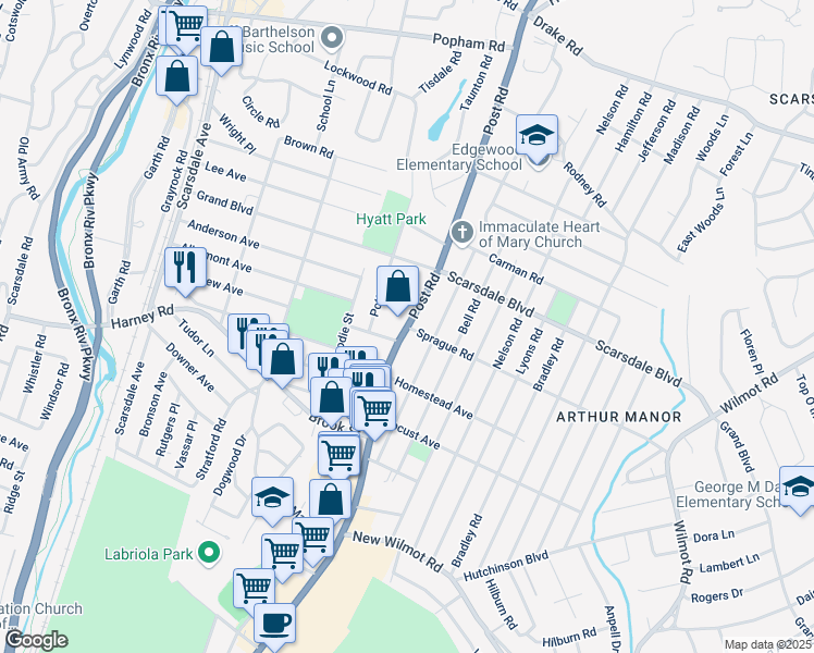map of restaurants, bars, coffee shops, grocery stores, and more near 1057 White Plains Road in Scarsdale