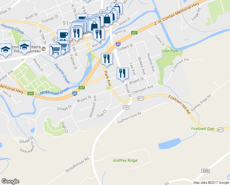 map of restaurants, bars, coffee shops, grocery stores, and more near 305 Park Avenue in Stroudsburg