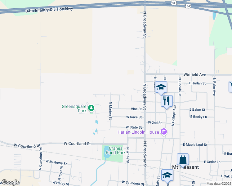 map of restaurants, bars, coffee shops, grocery stores, and more near 1098 North Marion Street in Mount Pleasant