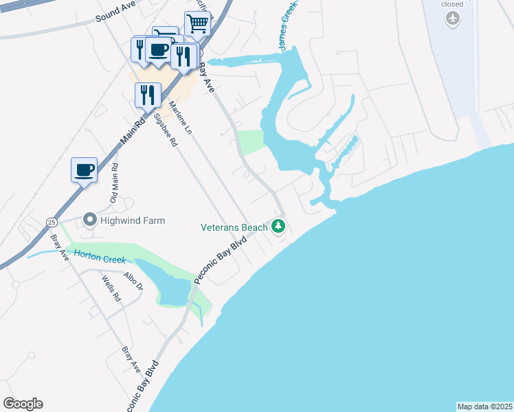 map of restaurants, bars, coffee shops, grocery stores, and more near 345 Bartley Road in Mattituck