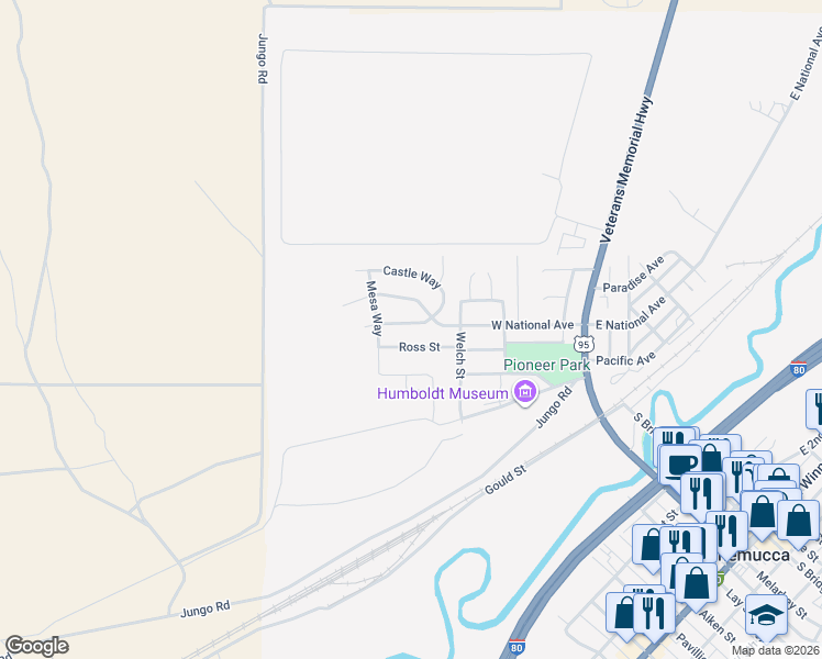 map of restaurants, bars, coffee shops, grocery stores, and more near 613 West National Avenue in Winnemucca