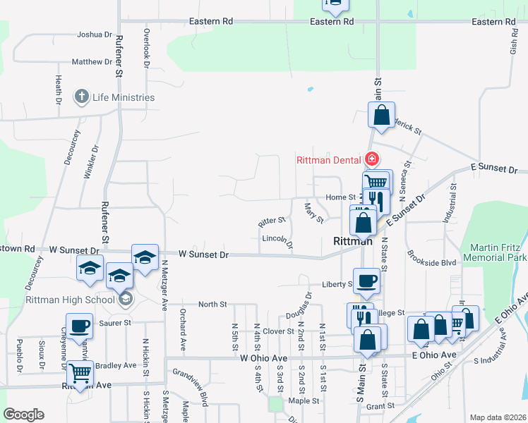 map of restaurants, bars, coffee shops, grocery stores, and more near 182 Home Street in Rittman