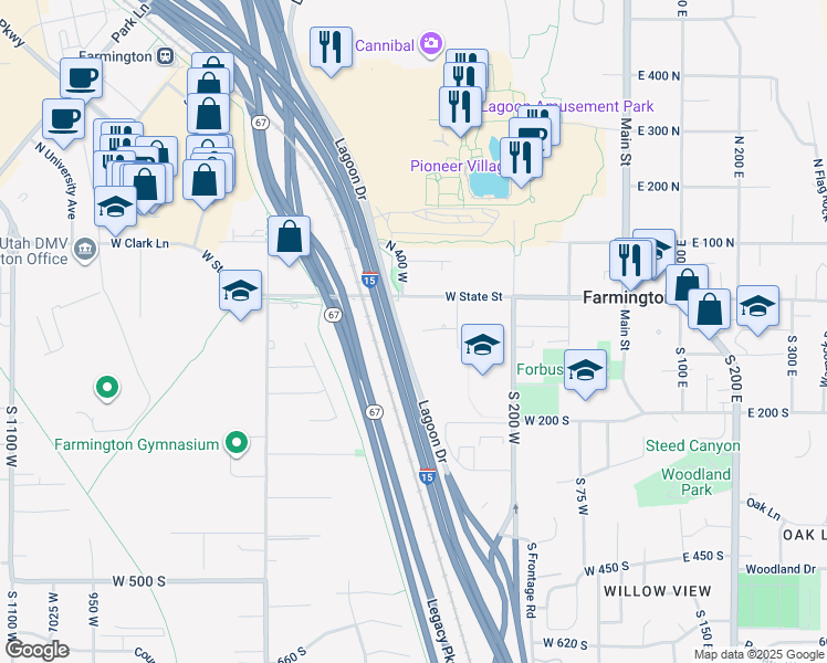 map of restaurants, bars, coffee shops, grocery stores, and more near 364 Clark Circle in Farmington