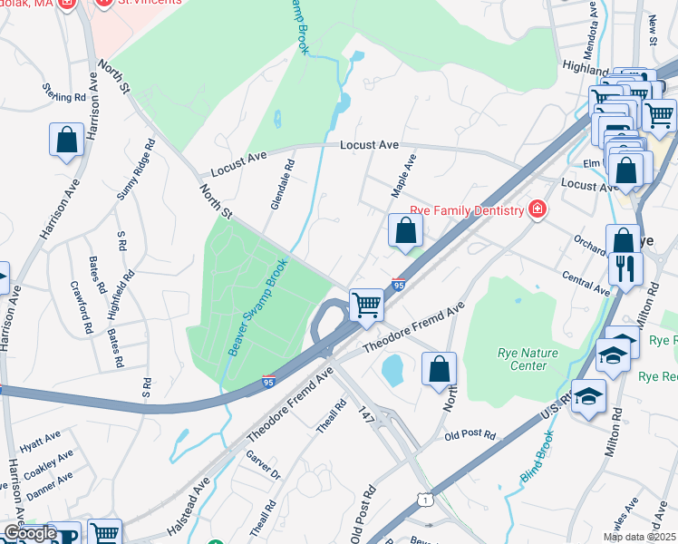 map of restaurants, bars, coffee shops, grocery stores, and more near 14 Summit Avenue in Rye