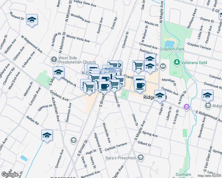 map of restaurants, bars, coffee shops, grocery stores, and more near 70 East Ridgewood Avenue in Ridgewood