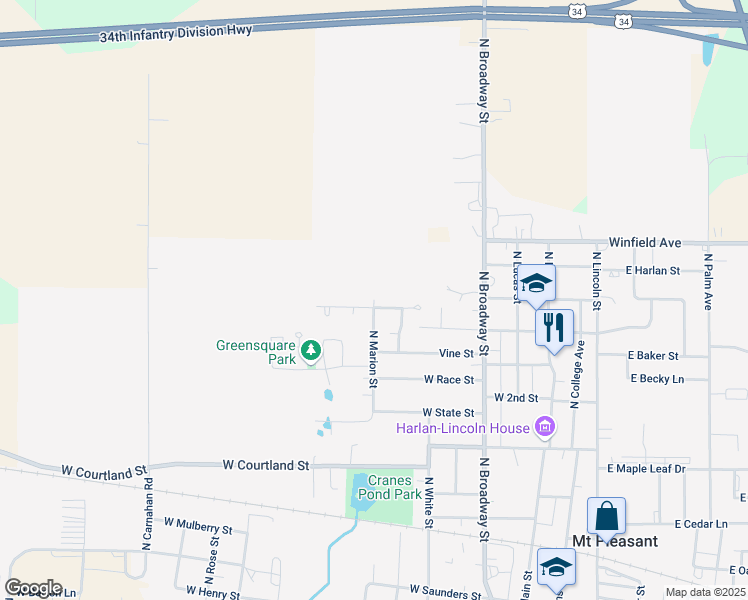 map of restaurants, bars, coffee shops, grocery stores, and more near 1098 North Marion Street in Mount Pleasant
