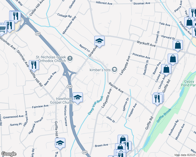map of restaurants, bars, coffee shops, grocery stores, and more near 222 Deep Brook Road in Wyckoff
