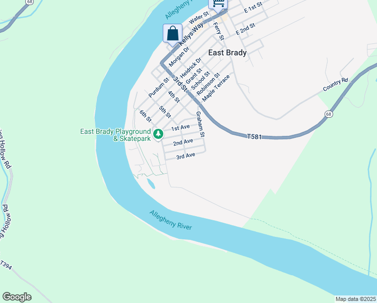 map of restaurants, bars, coffee shops, grocery stores, and more near 909 2nd Avenue in East Brady