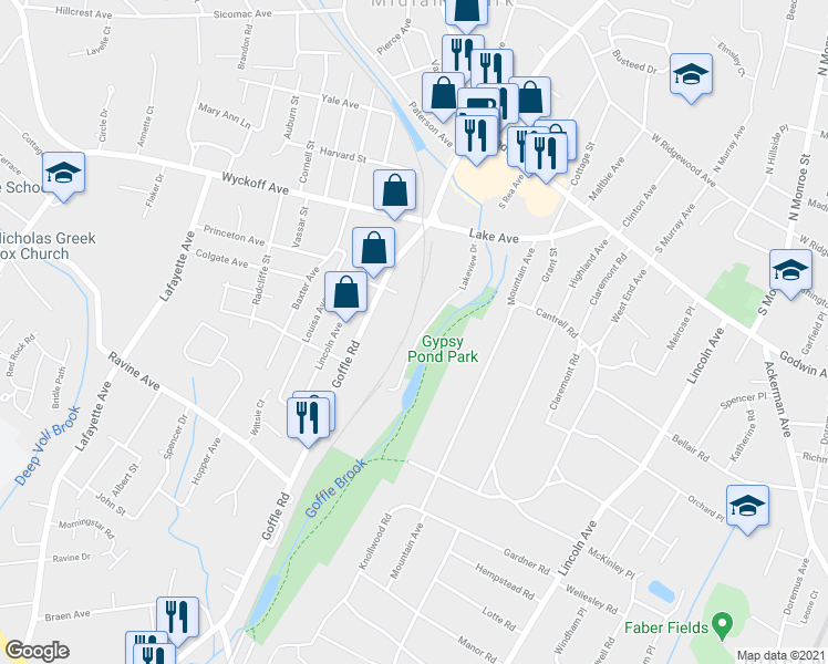 map of restaurants, bars, coffee shops, grocery stores, and more near 290 Lakeview Drive in Ridgewood