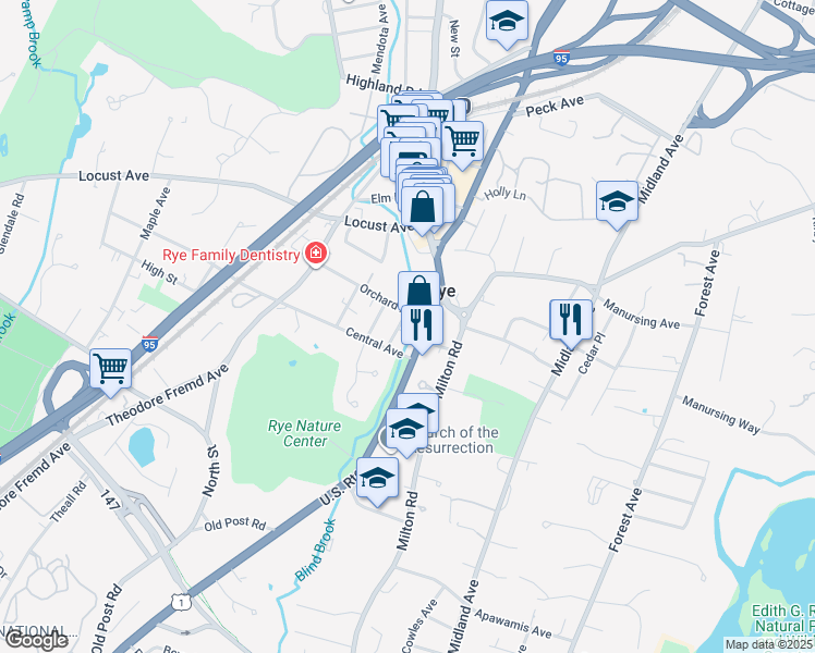 map of restaurants, bars, coffee shops, grocery stores, and more near 12 Laurel Street in Rye