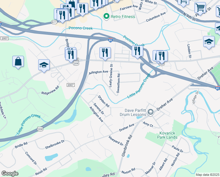 map of restaurants, bars, coffee shops, grocery stores, and more near 1812 Douglas Avenue in Stroudsburg