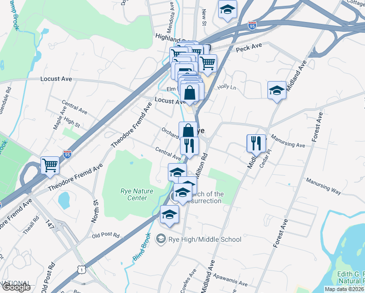 map of restaurants, bars, coffee shops, grocery stores, and more near 20 Laurel Street in Rye