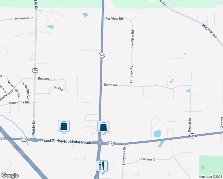 map of restaurants, bars, coffee shops, grocery stores, and more near 1644 Berna Road in Akron