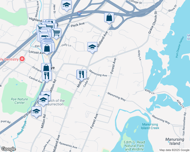 map of restaurants, bars, coffee shops, grocery stores, and more near 20 Manursing Avenue in Rye