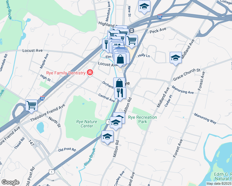 map of restaurants, bars, coffee shops, grocery stores, and more near 1019 Boston Post Road in Rye