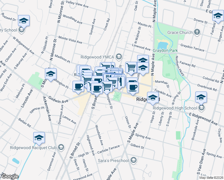 map of restaurants, bars, coffee shops, grocery stores, and more near 16 Oak Street in Ridgewood