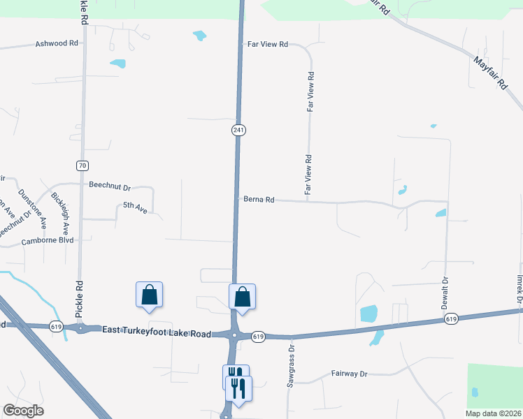 map of restaurants, bars, coffee shops, grocery stores, and more near 1644 Berna Road in Akron