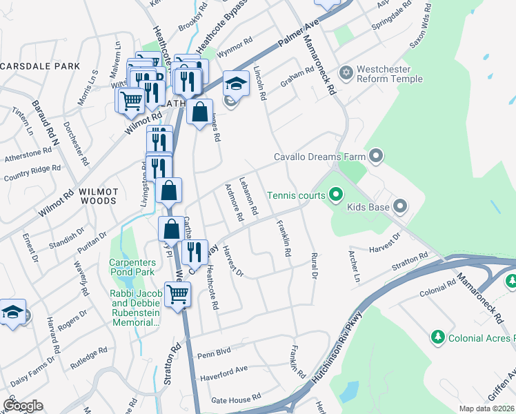 map of restaurants, bars, coffee shops, grocery stores, and more near 64 Fayette Road in Scarsdale