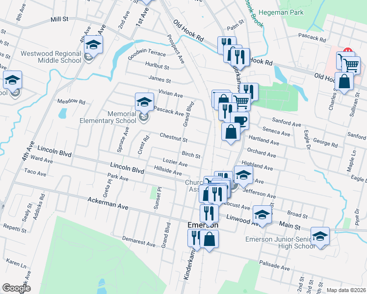 map of restaurants, bars, coffee shops, grocery stores, and more near 261 Grand Boulevard in Emerson