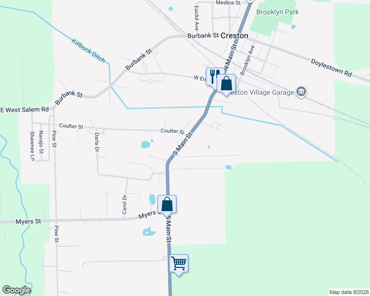 map of restaurants, bars, coffee shops, grocery stores, and more near 176 South Main Street in Creston