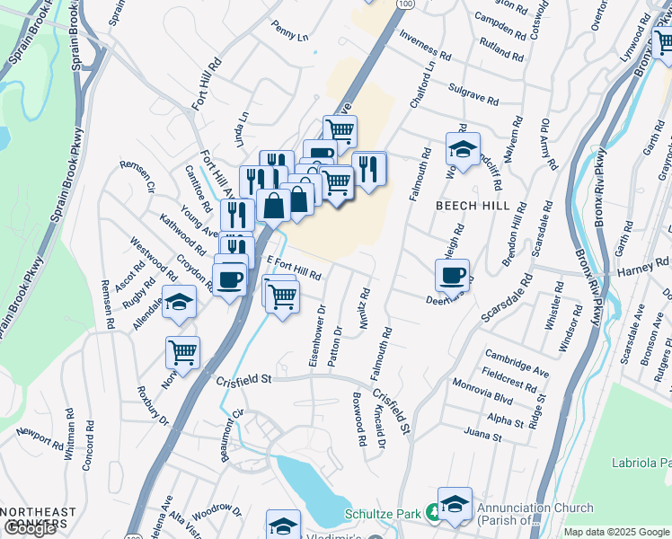map of restaurants, bars, coffee shops, grocery stores, and more near 110 Eisenhower Drive in Yonkers