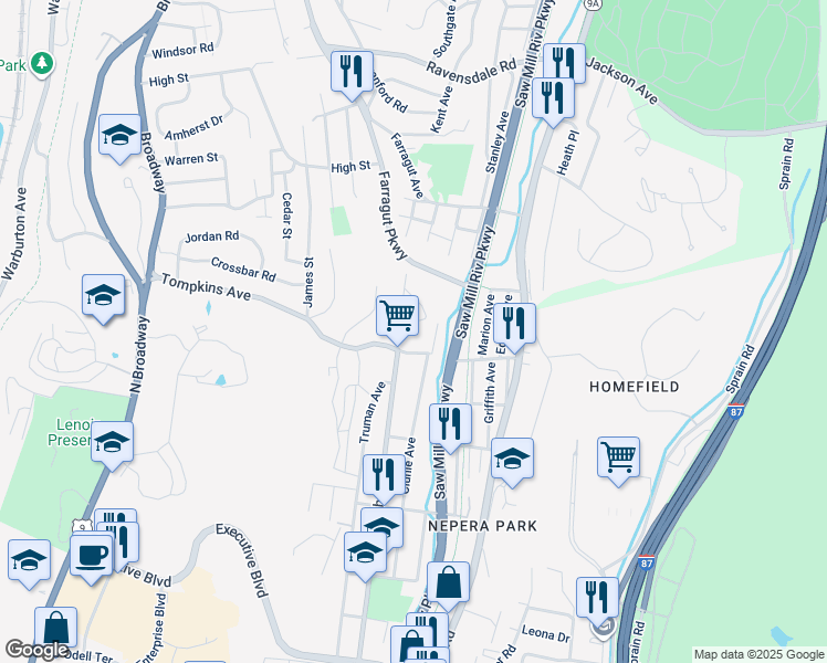 map of restaurants, bars, coffee shops, grocery stores, and more near 24 Ronny Circle in Hastings-on-Hudson