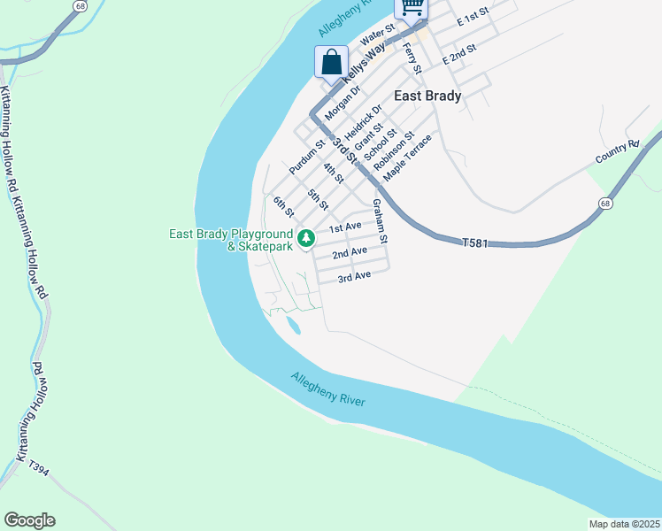 map of restaurants, bars, coffee shops, grocery stores, and more near 909 2nd Avenue in East Brady