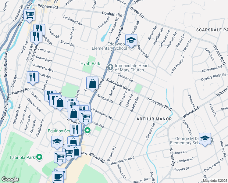 map of restaurants, bars, coffee shops, grocery stores, and more near 174 Bell Road in Scarsdale