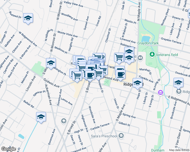 map of restaurants, bars, coffee shops, grocery stores, and more near 70 East Ridgewood Avenue in Ridgewood