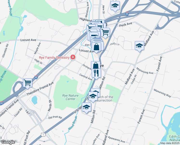 map of restaurants, bars, coffee shops, grocery stores, and more near 4 Walnut Street in Rye