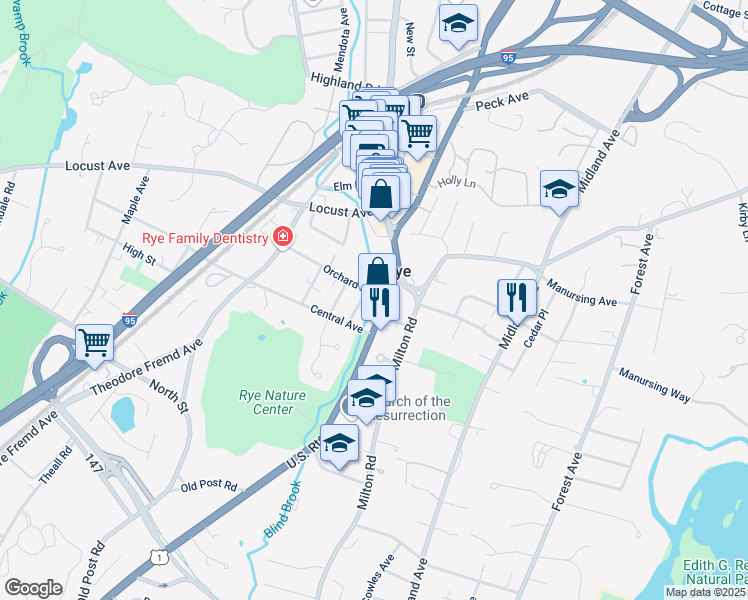 map of restaurants, bars, coffee shops, grocery stores, and more near 1019 Boston Post Road in Rye