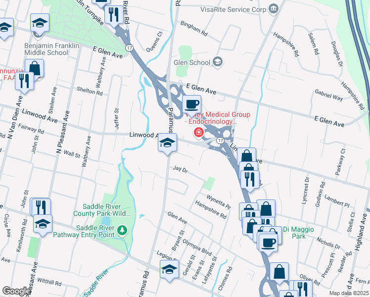 map of restaurants, bars, coffee shops, grocery stores, and more near 48 Linwood Avenue in Paramus