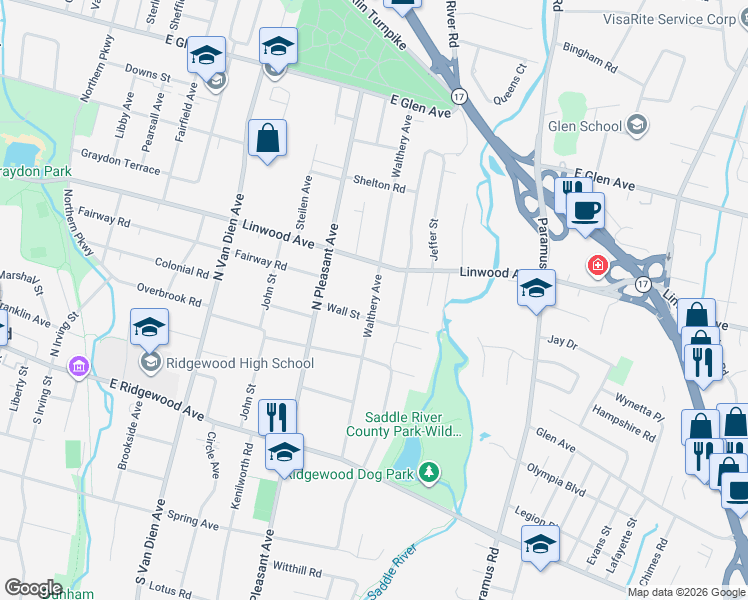 map of restaurants, bars, coffee shops, grocery stores, and more near 163 Walthery Avenue in Ridgewood