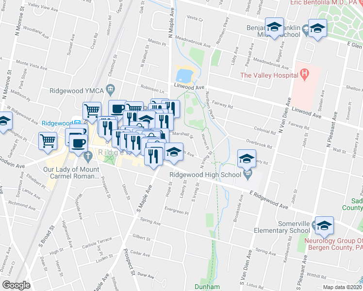 map of restaurants, bars, coffee shops, grocery stores, and more near 61 North Maple Avenue in Ridgewood