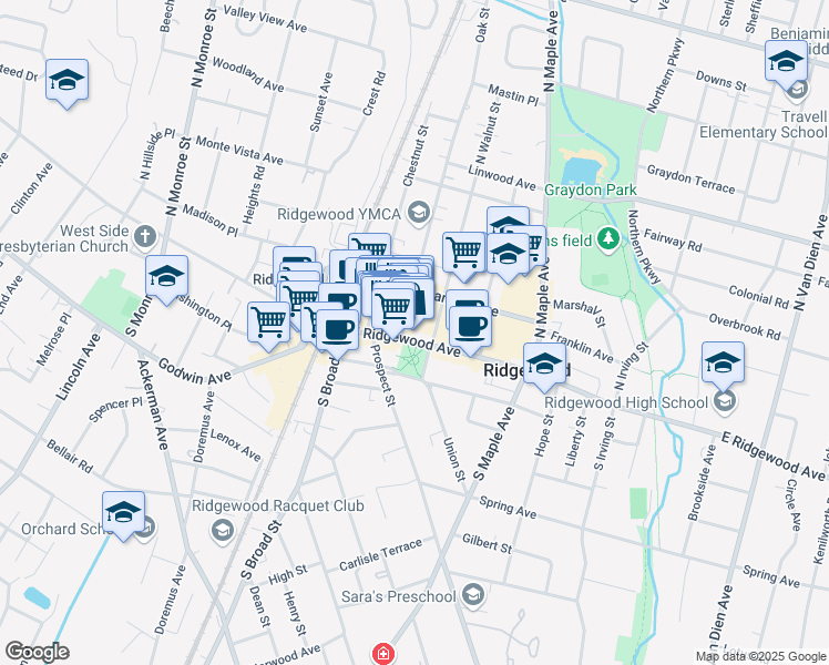 map of restaurants, bars, coffee shops, grocery stores, and more near 16 Oak Street in Ridgewood