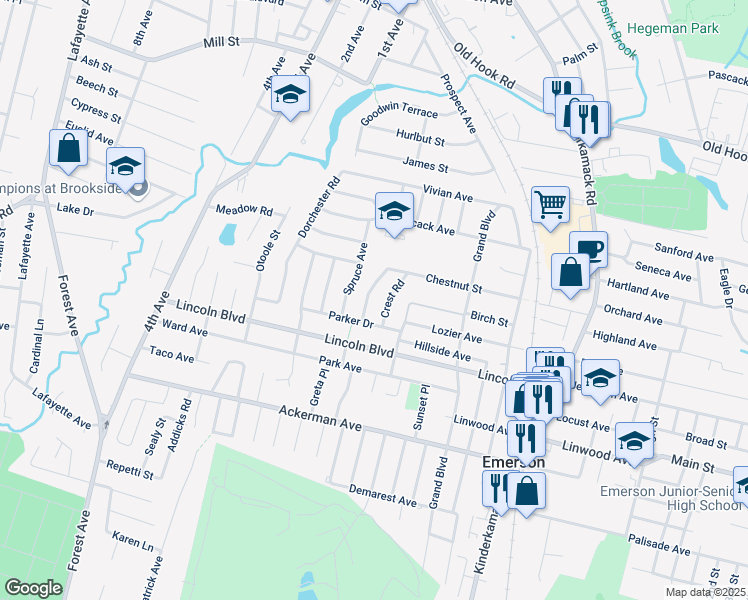 map of restaurants, bars, coffee shops, grocery stores, and more near 27 Overlook Avenue in Emerson