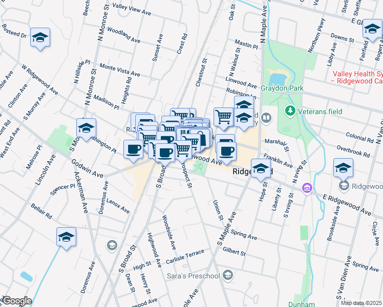 map of restaurants, bars, coffee shops, grocery stores, and more near 16 Oak Street in Ridgewood