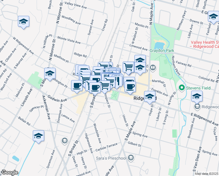 map of restaurants, bars, coffee shops, grocery stores, and more near 16 Oak Street in Ridgewood