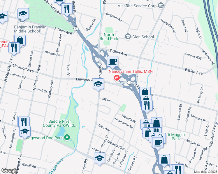map of restaurants, bars, coffee shops, grocery stores, and more near 40 Linwood Avenue in Paramus